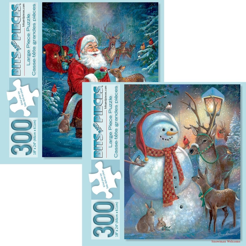 Bits And Pieces - Set Of Two (2) 300 Piece Jigsaw Puzzles For Adults - Snowman Welcome, Santa'S Woodland Friends - 300 Pc Christmas Santa Winter Holiday Jigsaws By Artist Ruane Manning
