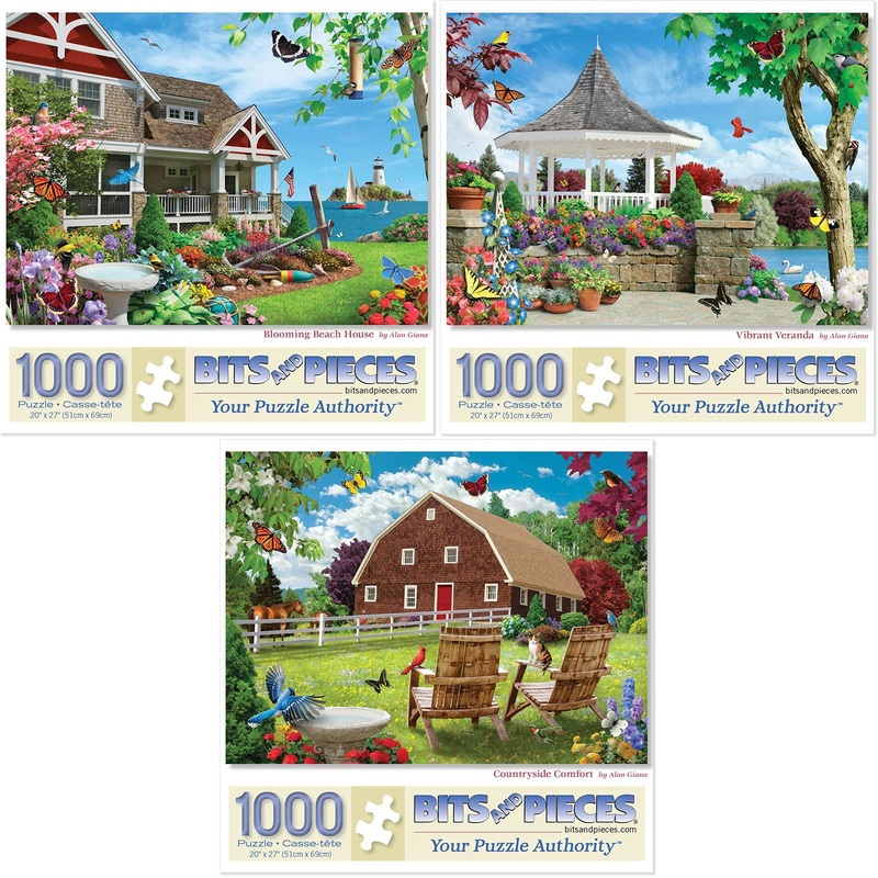 Bits And Pieces - Value Set Of Three (3) 1000 Piece Jigsaw Puzzles For Adults - Each Puzzle Measures 20' X 27' - 1000 Pc Vibrant Countryside Comfort, Blooming Beach House Jigsaws By Artist Alan Giana