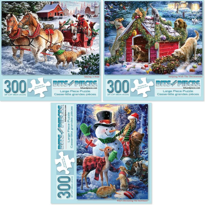 Bits And Pieces - Value Set Of Three (3) 300 Piece Jigsaw Puzzles For Adults - Each Puzzle Measures 18' X 24' - Winter Holiday Forest Animals Jigsaws By Artist Larry Jones