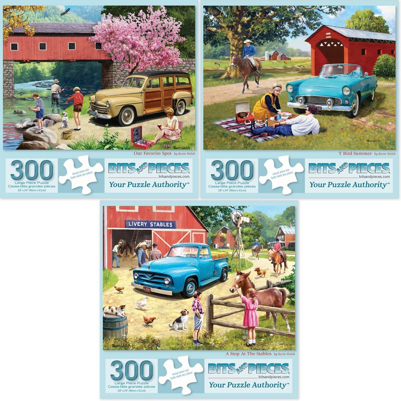 Bits And Pieces - Value Set Of Three (3) 300 Piece Jigsaw Puzzles For Adults - Puzzles Measure 18'X24' - 300 Pc Our Favorite Spot, T Bird Summer, A Stop At The Stables Jigsaws By Artist Kevin Walsh