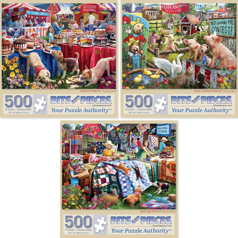 Bits And Pieces - Value Set Of Three (3) 500 Piece Jigsaw Puzzles For Adults - Each Puzzle Measures 18' X 24' - 500 Pc Desserts, Farm Animal, Quilting Festival Jigsaws By Artist Larry Jones