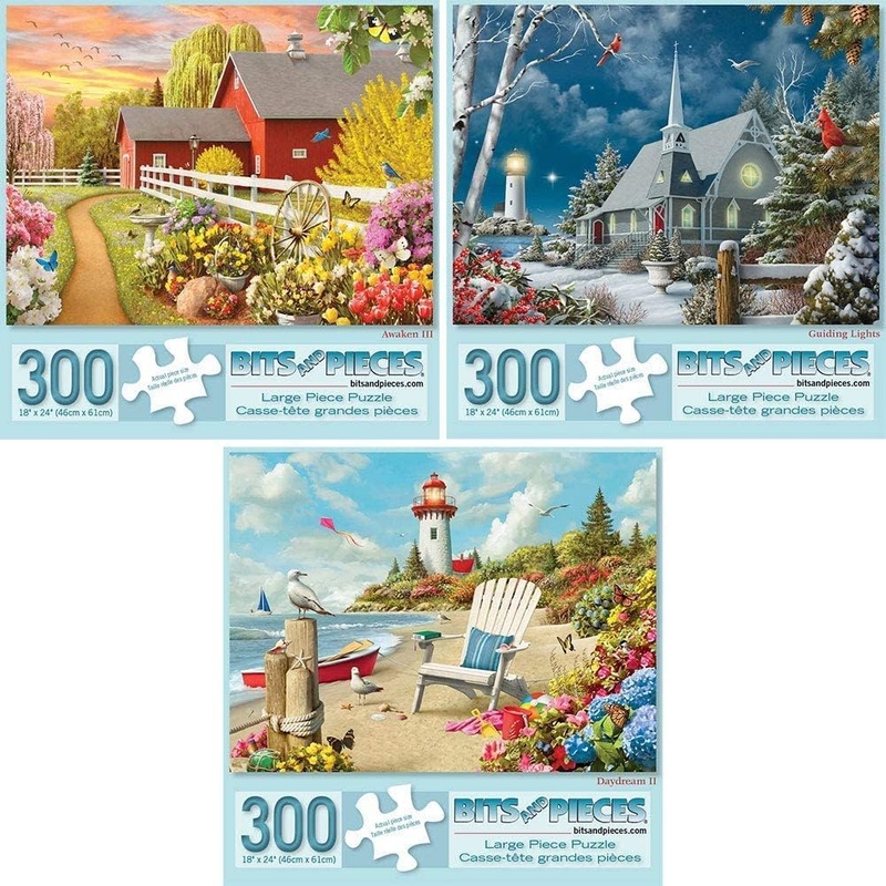 Bits And Pieces - Value Set Of Three - 300 Large Piece Puzzles For Adults - Awaken, Guiding Lights, & Daydream By Artist Alan Giana - 18' X 24'