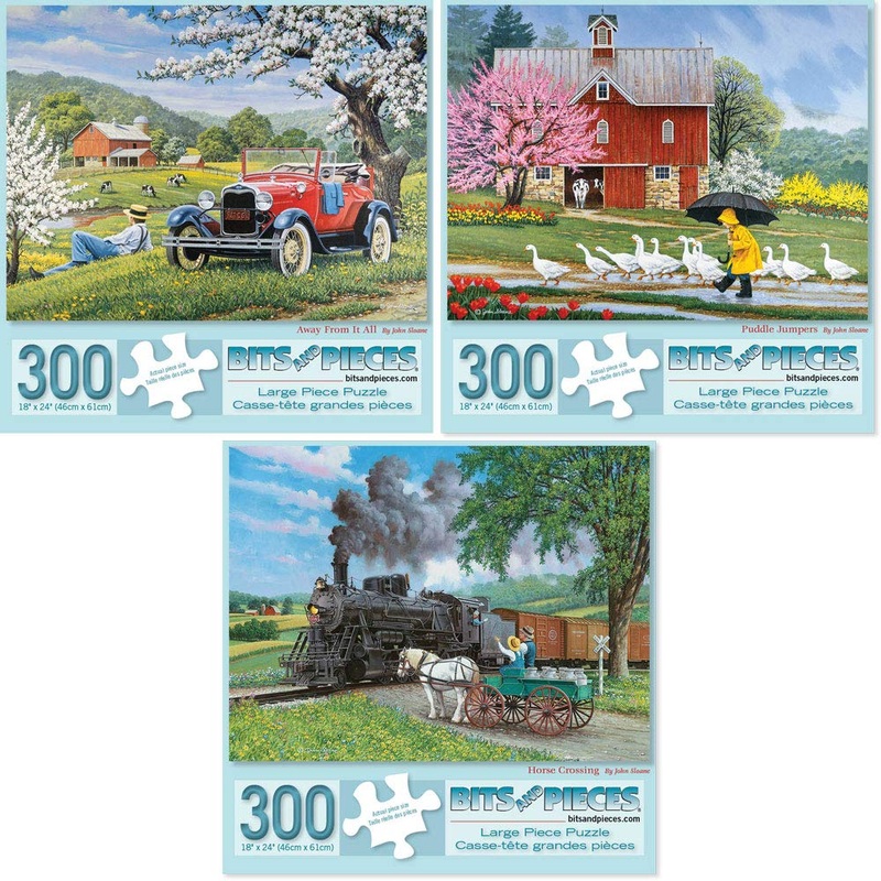 Bits And Pieces  Value Set Of Three 300 Piece Jigsaw Puzzles For Adults  Old Country Farm Town Jigsaw Puzzles By Artist John Sloane, Completed Puzzle Size: 16' X 20'