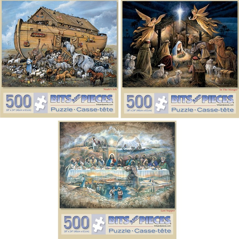 Bits And Pieces  Value Set Of Three 500 Piece Jigsaw Puzzles For Adults  Noah'S Ark, Last Supper, In The Manger - Religious Scenes Jigsaw Puzzles By Artist Ruane Manning