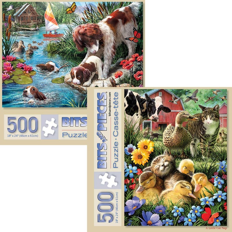 Bits And Pieces  Value Set Of Two 500 Piece Jigsaw Puzzles For Adults  Cat Nap, Puppy Swimming Jigsaw Puzzles By Artist Larry Jones, Completed Puzzle Size: 18' X 24'