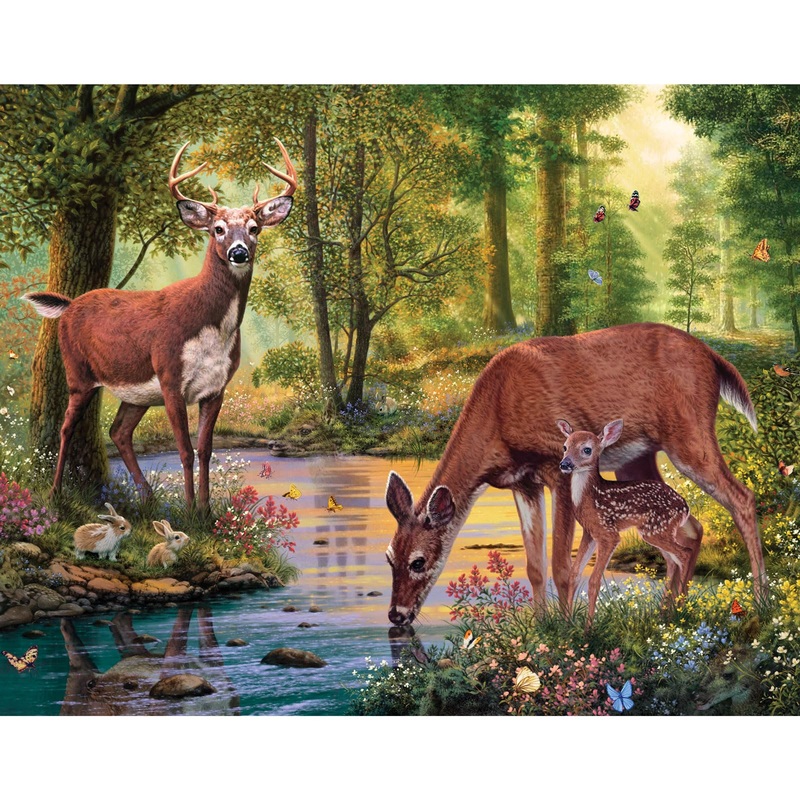 Bits And Pieces  100 Piece Jigsaw Puzzle For Adults  Woodland Stream - Large Lettered Pieces Deer Family Jigsaw Puzzle, Completed Puzzle Size: 15' X 19'