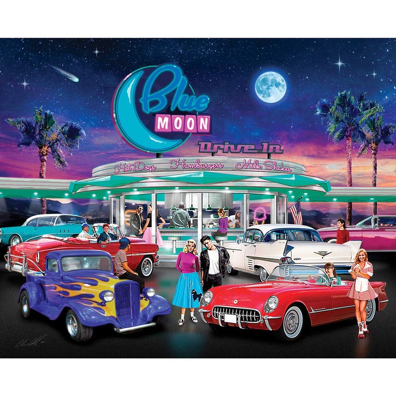 Bits And Pieces  1000 Piece Jigsaw Puzzle For Adults  Blue Moon Drive In - 50'S Diner Movie Theater Car Jigsaw Puzzle By Artist Chris Dobrowolski, Completed Puzzle Size: 20' X 27'