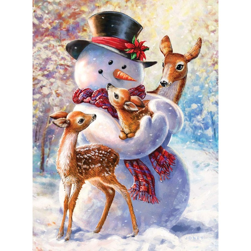 Bits And Pieces  1000 Piece Jigsaw Puzzle For Adults  Snowman And Fawns Glitter - Winter Holiday Deer Christmas Jigsaw Puzzles By Artist Larry Jones, Completed Puzzle Size: 20' X 27'