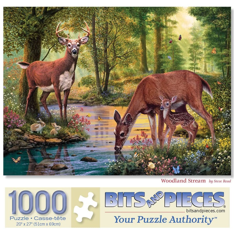 Bits And Pieces  1000 Piece Jigsaw Puzzle For Adults  Woodland Stream - Deer Stream Forest Tree Flower Nature Water Animals Woods Jigsaw Puzzle By Artist Steve Read, Completed Puzzle Size: 20' X 27'