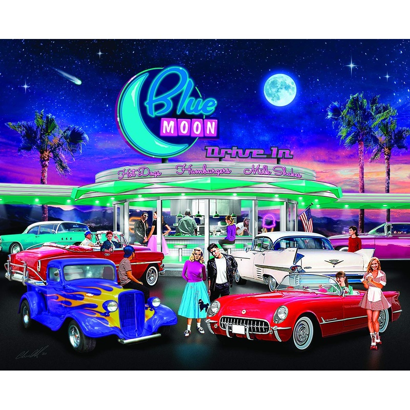 Bits And Pieces  300 Piece Jigsaw Puzzle For Adults  Blue Moon Drive In - 50'S Diner Movie Theater Car Jigsaw Puzzle By Artist Chris Dobrowolski, Completed Puzzle Size: 18' X 24'