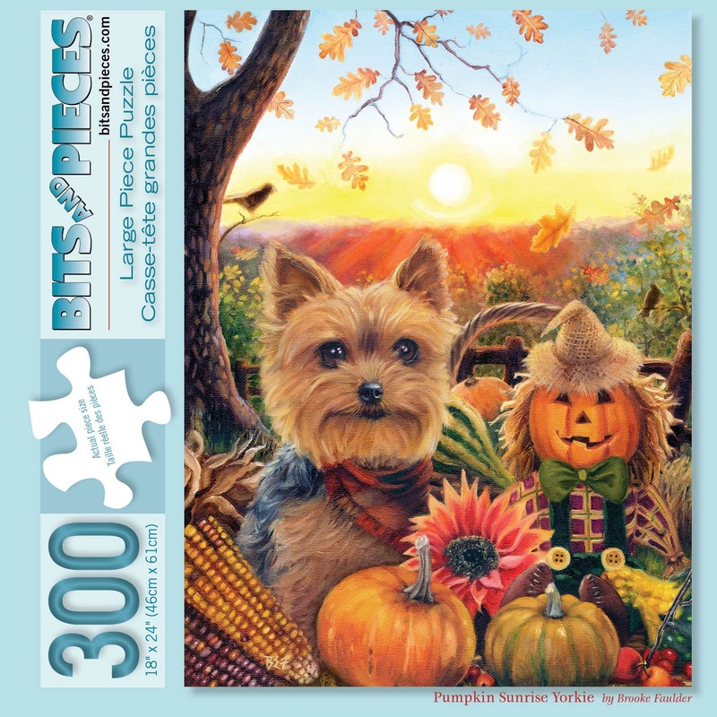 Bits And Pieces  300 Piece Jigsaw Puzzle For Adults  Pumpkin Sunrise Yorkie - Puppy Dog Fall Autumn Terrier Scarecrow Jigsaw Puzzle By Artist Brooke Faulder, Completed Puzzle Size: 18' X 24'