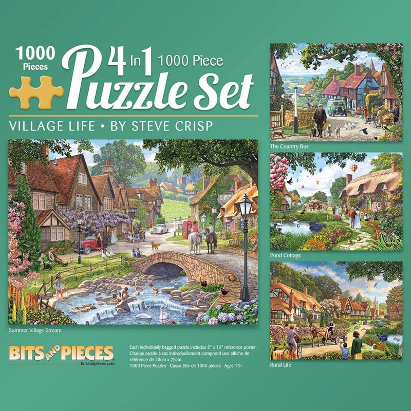 Bits And Pieces  4-In-1 Multi-Pack 1000 Piece Jigsaw Puzzles For Adults  Village Life By Artist Steve Crisp, Completed Puzzle Size: 20' X 27'