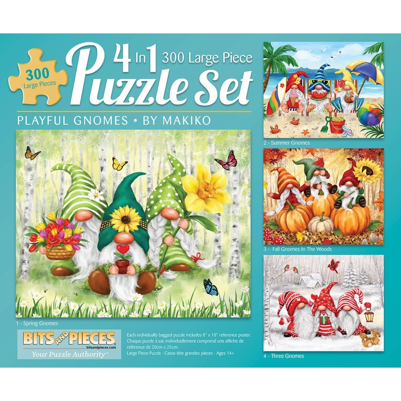 Bits And Pieces - 4-In-1 Multi-Pack 300 Piece Jigsaw Puzzles For Adults - 300 Pc Large Piece 'Playful Gnomes' Puzzle Set Bundle By Makiko - 16' X 20' (41Cm X 51Cm)