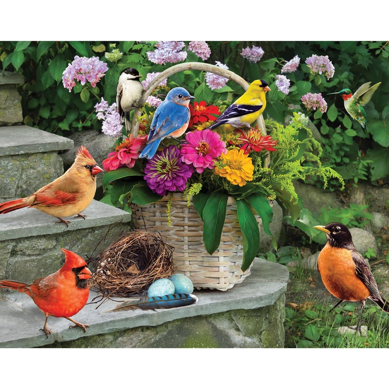 Bits And Pieces  50 Piece Jigsaw Puzzle For Adults  Birds On The Porch Steps - Large Lettered Pieces Colorful Scenic Jigsaw Puzzle, Completed Puzzle Size: 15' X 19'