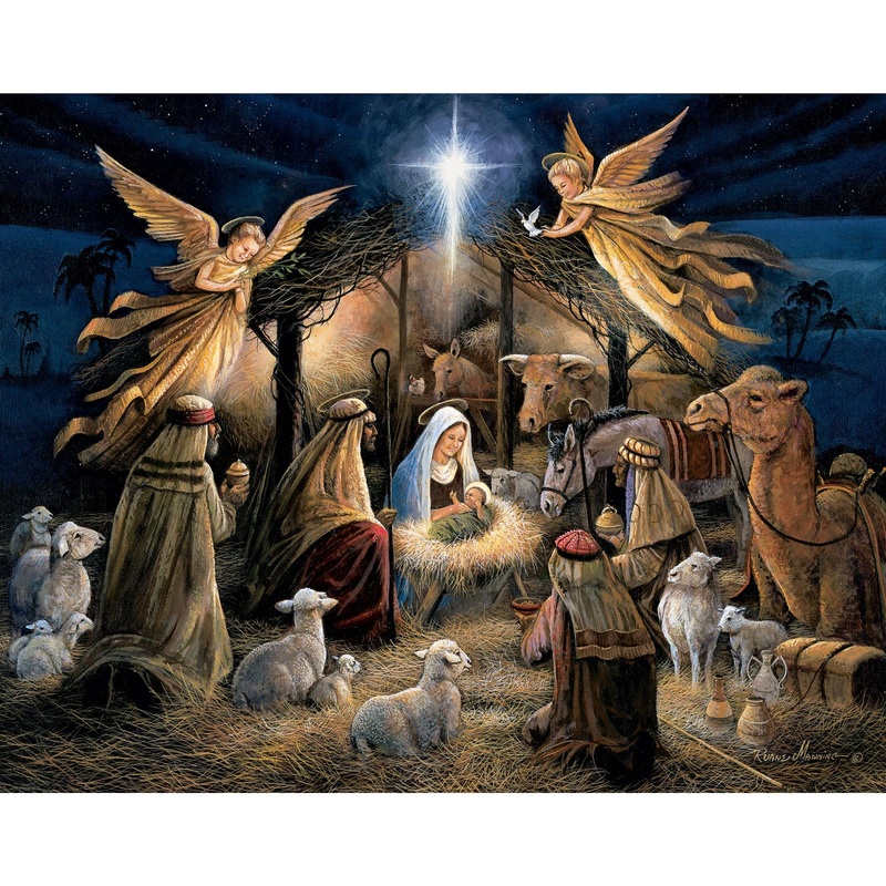 Bits And Pieces  50 Piece Jigsaw Puzzle For Adults  In The Manger - Large Lettered Pieces Christmas Religious Jigsaw Puzzle By Artist Ruane Manning, Completed Puzzle Size: 15' X 19'