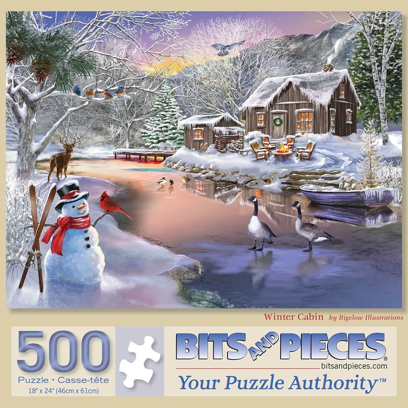 Bits And Pieces - 500 Piece Jigsaw Puzzle For Adults 18' X 24' - Winter Cabin - 500 Pc Snow Forest River Mountain Snowman Nature Jigsaw By Artist Bigelow Illustrations