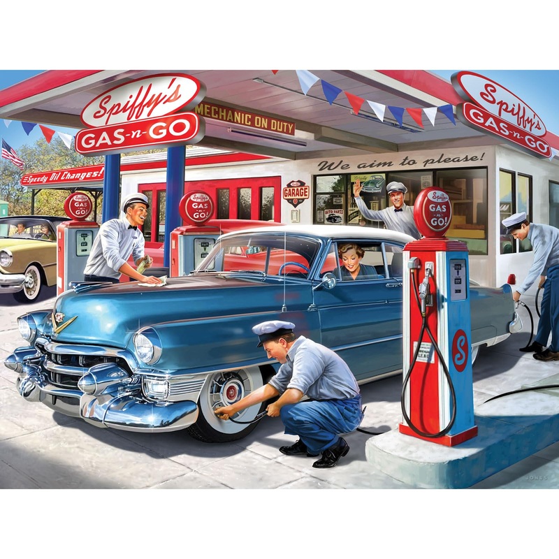 Bits And Pieces  500 Piece Jigsaw Puzzle For Adults  50S Service Station - Classic Cars Gas Station Jigsaw Puzzle By Larry Jones, Completed Puzzle Size: 18' X 24'