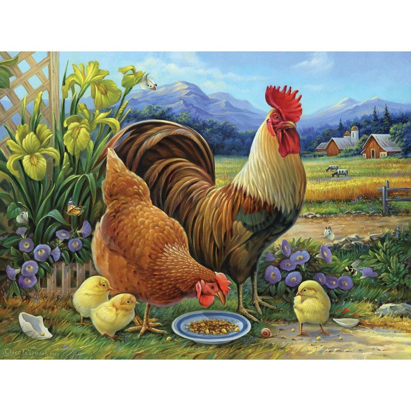 Bits And Pieces  500 Piece Jigsaw Puzzle For Adults  Amber Rooster And Family - Hen Chicks Lunch Farm Country Flower Barn Jigsaw Puzzle By Artist Oleg Gavrilov, Completed Puzzle Size: 18' X 24'
