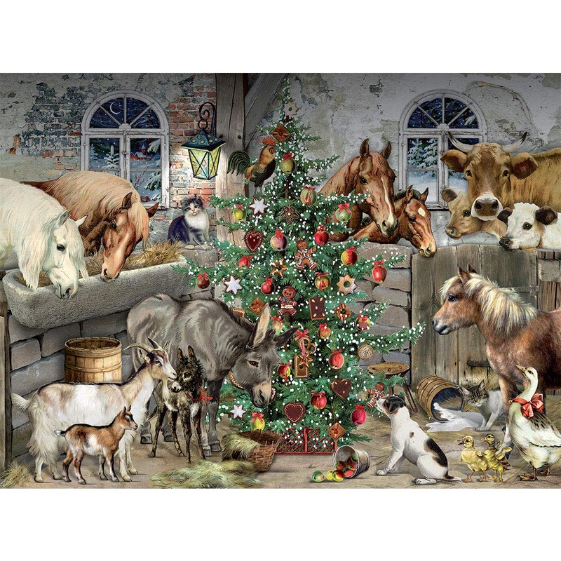 Bits And Pieces  500 Piece Jigsaw Puzzle For Adults  Christmas In The Barn - Glitter Animal Holiday Winter Tree Horse Cow Jigsaw Puzzle By Artist Barbara Behr, Completed Puzzle Size: 18' X 24'