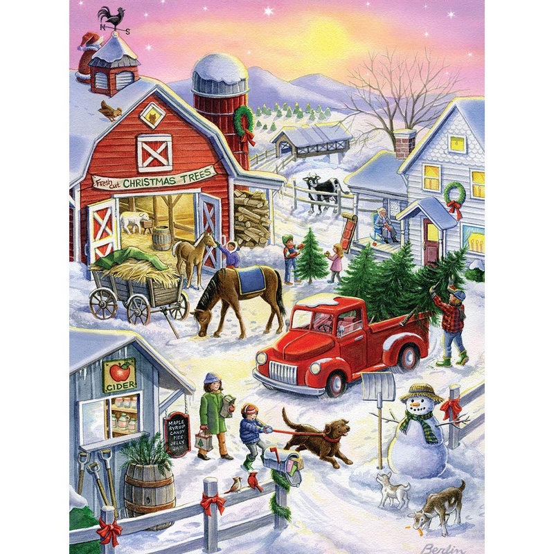 Bits And Pieces  500 Piece Jigsaw Puzzle For Adults  Christmas Tree Farm Fun - Dog Snowman Dog Winter Holiday Country Barn Jigsaw Puzzle By Artist Rose Mary Berlin, Completed Puzzle Size: 18' X 24'