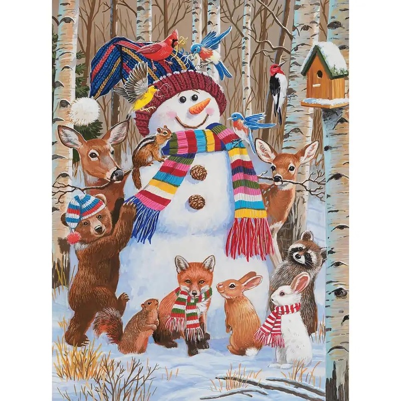 Bits And Pieces  500 Piece Jigsaw Puzzle For Adults  Forest Animals Decorating A Snowman - Winter Snow Holiday Woods Scarf Bird House Jigsaw Puzzle By Artist William Vanderdasson