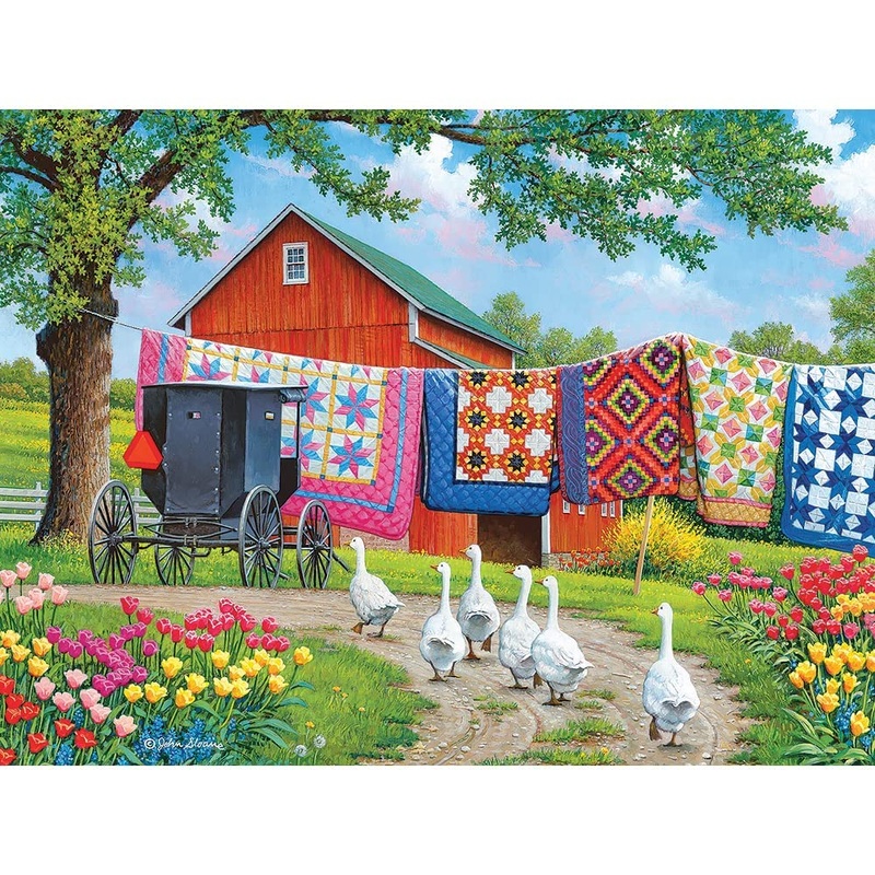 Bits And Pieces  500 Piece Jigsaw Puzzle For Adults  Plain And Fancy - Geese Farm Quilt Laundry Car Jigsaw Puzzle By Artist John Sloane, Completed Puzzle Size: 18' X 24'