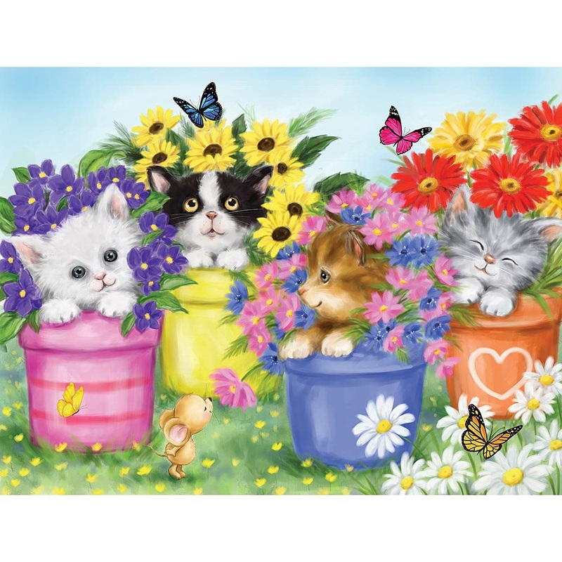 Bits And Pieces  Large 100 Piece Jigsaw Puzzle For Adults  Cats In Flower Pots - Kitten Colorful Bloom Butterfly Sweet Cute Garden Jigsaw Puzzle By Makiko, Completed Puzzle Size: 15' X 19'