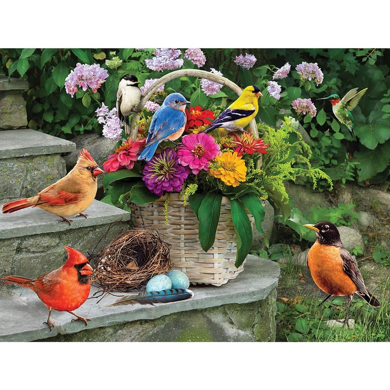 Bits And Pieces  Large 300 Piece Jigsaw Puzzle For Adults  Birds On The Porch Steps - Flowers Jigsaw Puzzle By Greg Giordano, Completed Puzzle Size: 18' X 24'