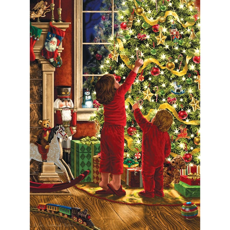 Bits And Pieces  Large 300 Piece Jigsaw Puzzle For Adults  Embellished Glitter - Children Decorating The Christmas Tree By Artist Liz Goodrick Dillon, Completed Puzzle Size: 20' X 27'
