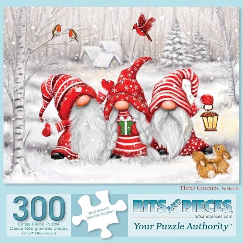 Bits And Pieces  Large 300 Piece Jigsaw Puzzle For Adults  Three Gnomes' - Holiday Christmas Winter Jigsaw Puzzle By Artist Makiko, Completed Puzzle Size: 18' X 24'