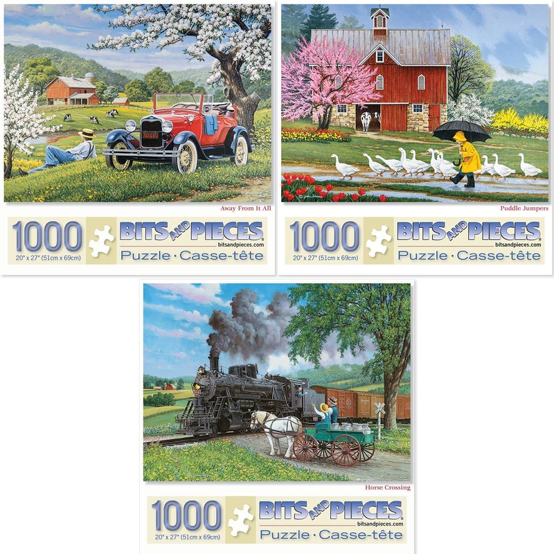 Bits And Pieces - Value Set Of Three (3) 1000 Piece Jigsaw Puzzles For Adults - Each Puzzle Measures 20' X 27' - 1000 Pc Puddle Jumpers, Horse Crossing, Away From It All Jigsaws By Artist John Sloane