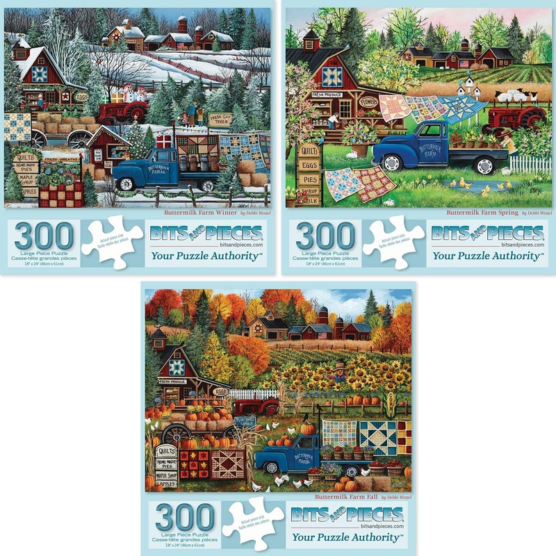 Bits And Pieces - Value Set Of Three (3) 300 Piece Jigsaw Puzzles For Adults - Each Puzzle Measures 18' X 24' - 300 Pc Quilt Farm Winter, Spring, Fall Jigsaws By Artist Debbi Wetzel