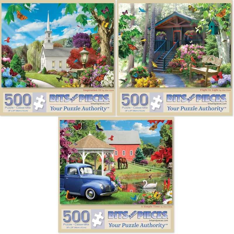 Bits And Pieces - Value Set Of Three (3) 500 Piece Jigsaw Puzzles For Adults - Puzzles Measure 18'X24' - Seasons, Spring, Fall, Nature, Church, Cabin, Barn, Sun, Birds 500 Pc Jigsaws By Alan Giana