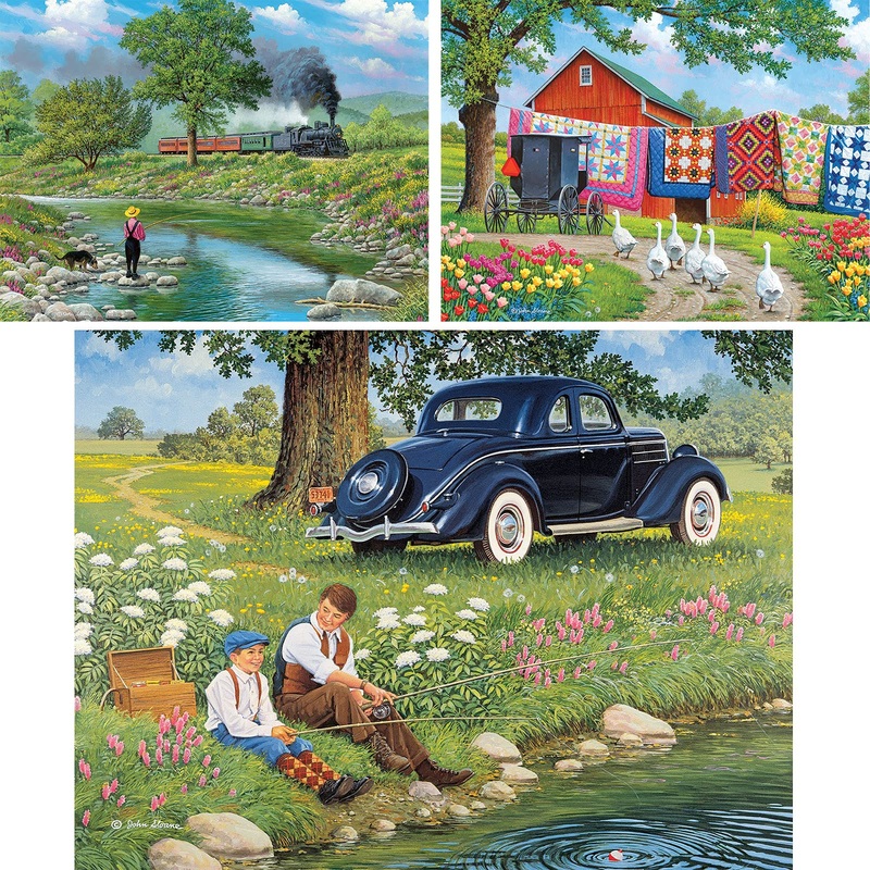 Bits And Pieces  Value Set Of Three 500 Piece Jigsaw Puzzles For Adults  Around The Bend, Plain And Fancy, Father'S Day Jigsaw Puzzles By Artist John Sloane, Completed Puzzle Size: 18' X 24'