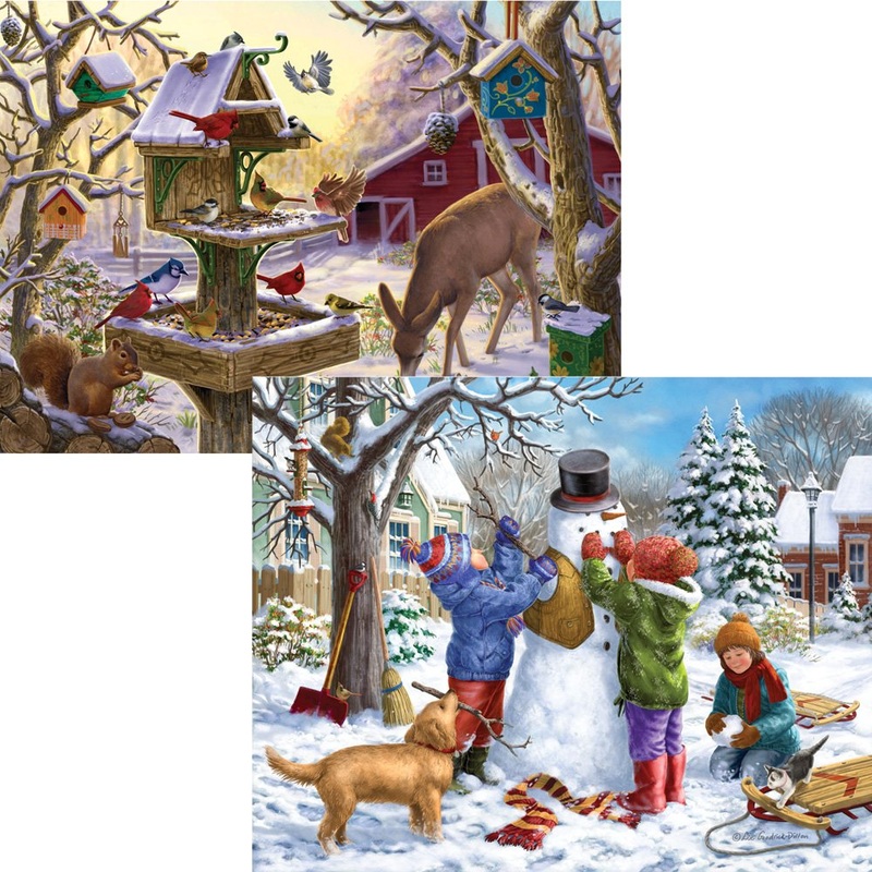 Bits And Pieces  Value Set Of Two 300 Piece Jigsaw Puzzles For Adults  Building A Snowman On A Snow Day, Sunrise Feasting - Winter Snow Jigsaw Puzzles By Artist Liz Goodrick - Dillon