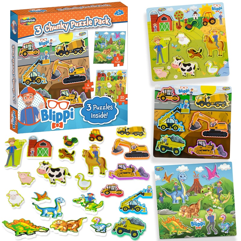 Blippi Toys For Kids By Creative Kids - 3 Chunky Puzzles For Toddlers - Wooden Animal Dinosaur Construction Puzzles - Toddler Puzzles Educational Learning Gifts Wooden Toys For Kids Ages 2+