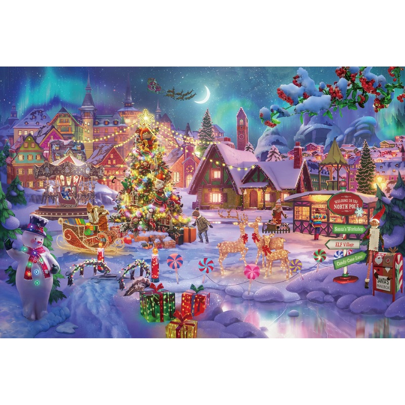 Lavievert Wooden Jigsaw Puzzle 1000 Piece Puzzle For Adults And Kids - Christmas Tree, Snowman, Milu Deer & Presents On Snowy Christmas Eve