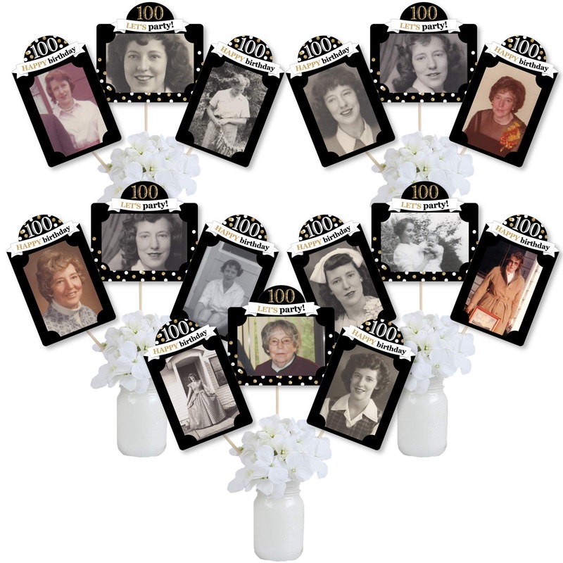 Big Dot Of Happiness Adult 100Th Birthday - Gold - Birthday Party Picture Centerpiece Sticks - Photo Table Toppers - 15 Pieces