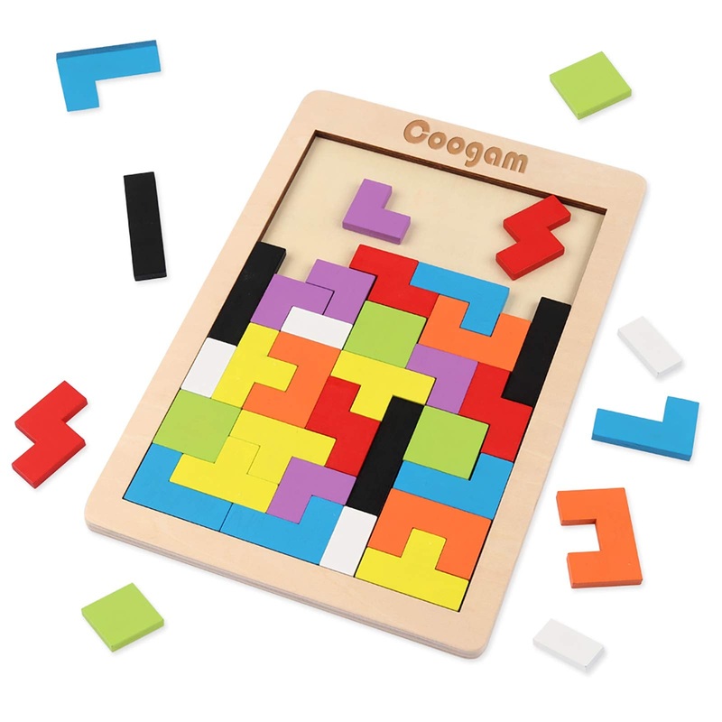Coogam Wooden Blocks Puzzle Brain Teasers Toy Tangram Jigsaw Intelligence Colorful 3D Russian Blocks Game Stem Montessori Educational Gift For Kids (40 Pcs)