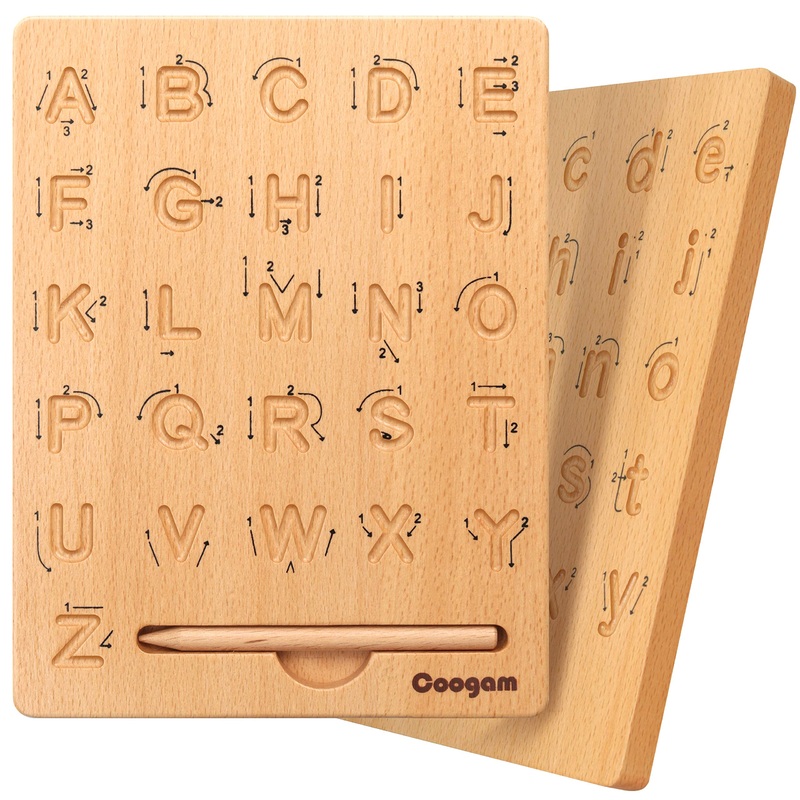Coogam Wooden Letters Practicing Board, Double-Sided Alphabet Tracing Tool Learning To Write Abc Educational Toy Game Fine Motor Montessori Gift For Preschool 3 4 5 Years Old Kids