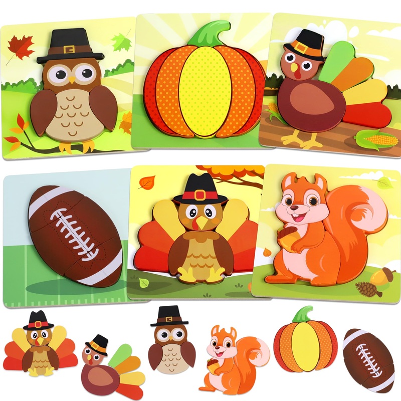 6 Pack Thanksgiving Wooden Puzzle For Toddlers, Thanksgiving Toys Jigsaw Puzzles For Thanksgiving Activities Party Favors Games Kids Boys Girls Thanksgiving Gifts Supplies