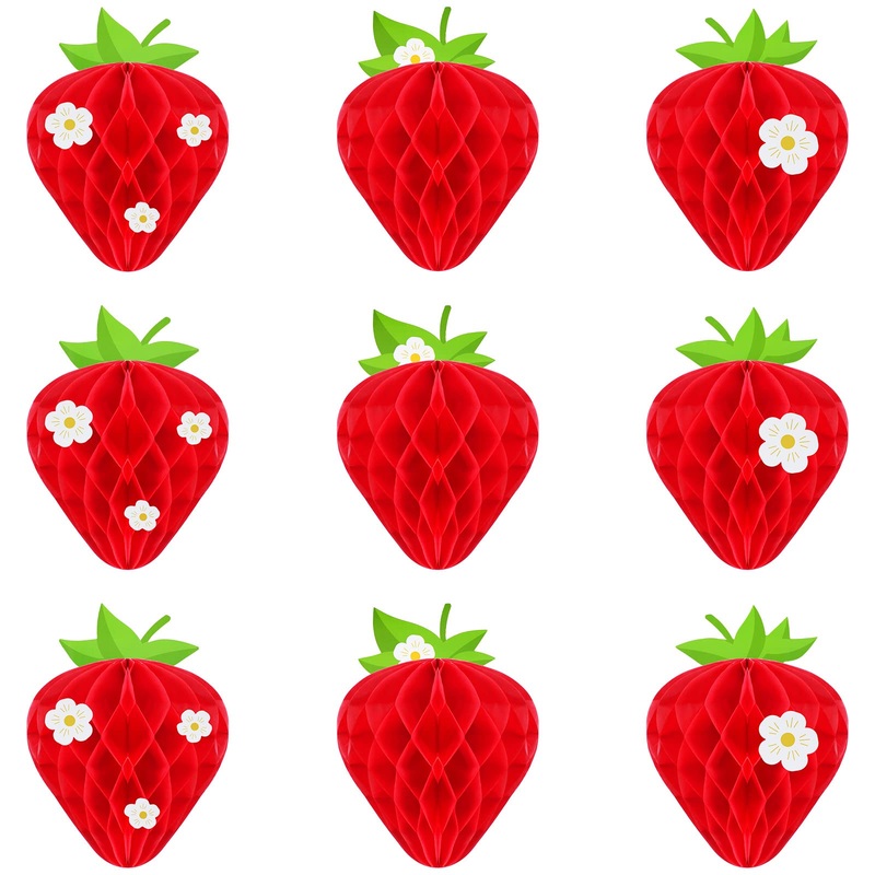 9 Pcs Strawberry Party Decorations Strawberry Honeycomb Balls Birthday Favors Berry Table Centerpieces Tissue Paper Honeycomb Tabletop Hanging Decor Party Supplies