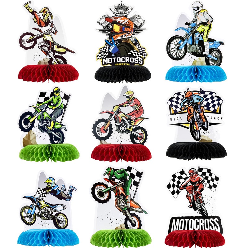9 Piece Cross Country Motorcycle Honeycomb Centerpiece Table Decoration Racing Theme Children Boy Birthday Party Supplies Photo Booth Props (Bright Silhouette)