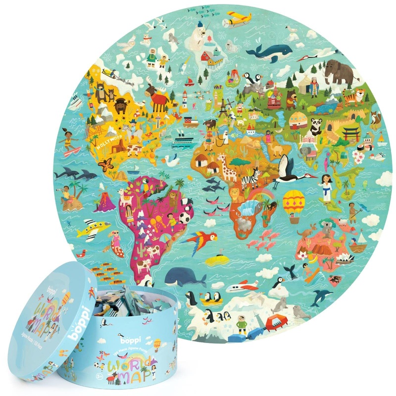 Boppi World Map Round Jigsaw Puzzle With 100% Recycled Card 150 Pieces With Animals For Children 5 6 7 8 Years 58Cm Diameter