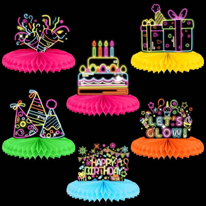 Chinco 6 Pcs Glow Party Birthday Centerpieces Neon Birthday Decorations Honeycomb Birthday Centerpieces Neon Centerpieces For Tables Neon Birthday Party Supplies(Classic)