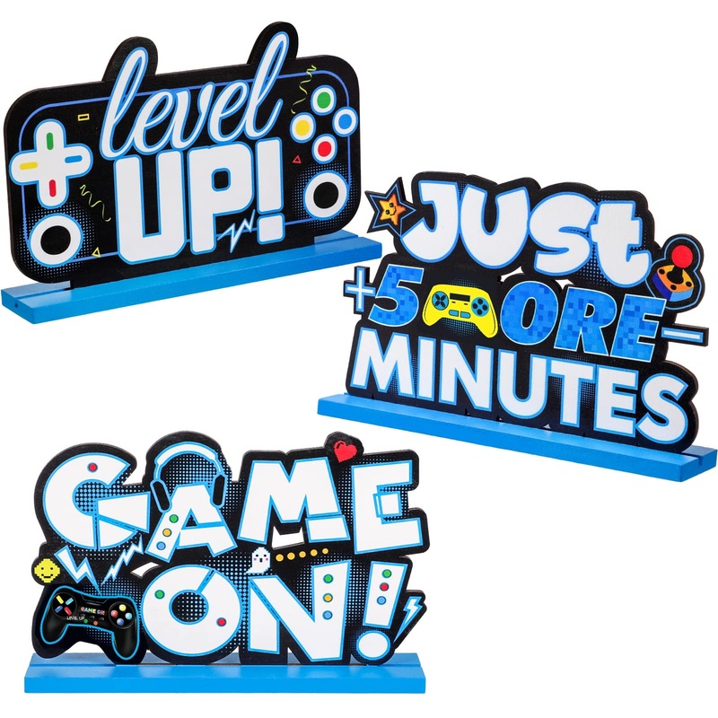 Frienda 3 Pcs Video Games Party Decorations Wood Table Level Up Birthday Decorations Gamer Party Centerpieces Pixelated Table Sign For Boys Kids Birthday Party(Blue)