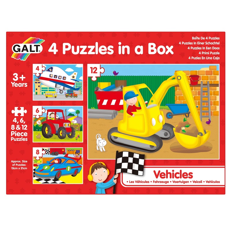 Galt Toys, 4 Puzzles In A Box - Vehicle Themed, Multi Sized/Piece Puzzles, Ages 3 Plus Years