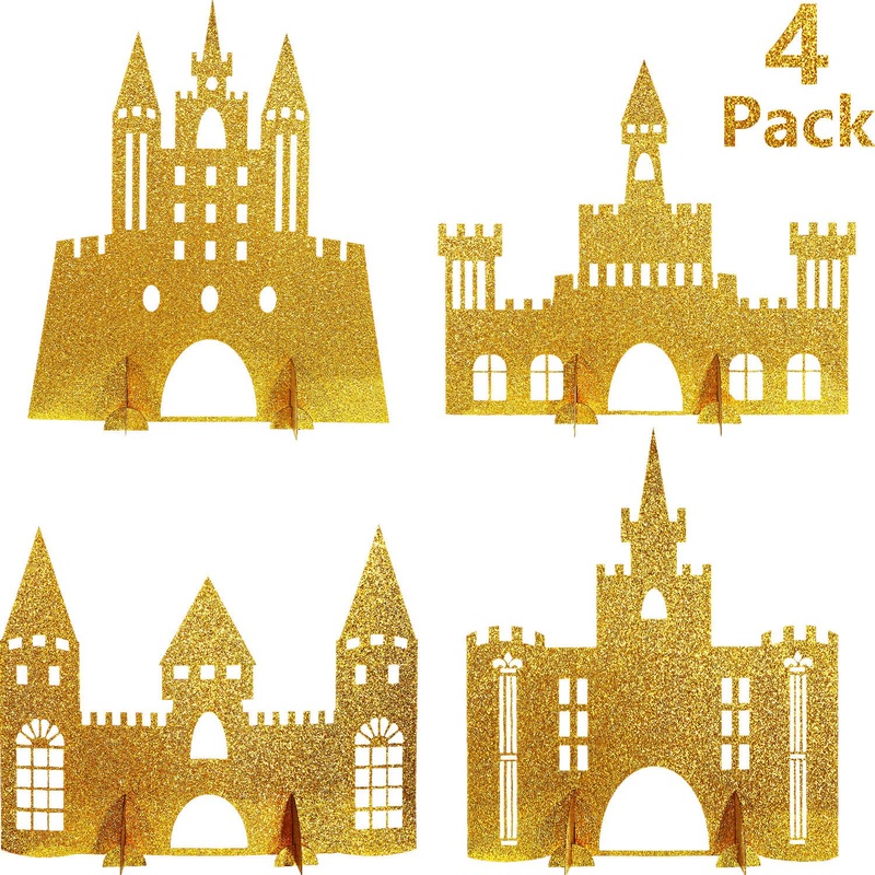 Gejoy 4 Pieces Castle Table Centerpiece Glitter Princess Theme Castle Centerpiece For Birthday Baby Shower Princess Party Table Decorations