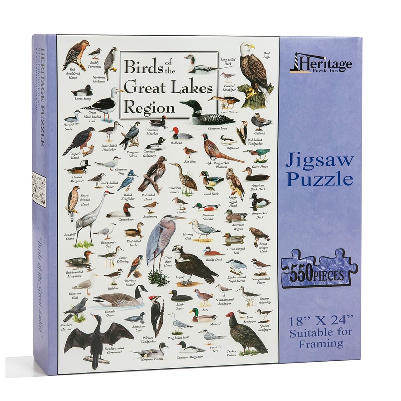 Heritage Puzzle Birds Of The Great Lakes Region  550 Pieces Jigsaw Puzzle, 18' X 24'  94 Bird Species - Educational Nature Puzzle - Great Lakes Wildlife - Suitable For Framing - Made In U.S.A.