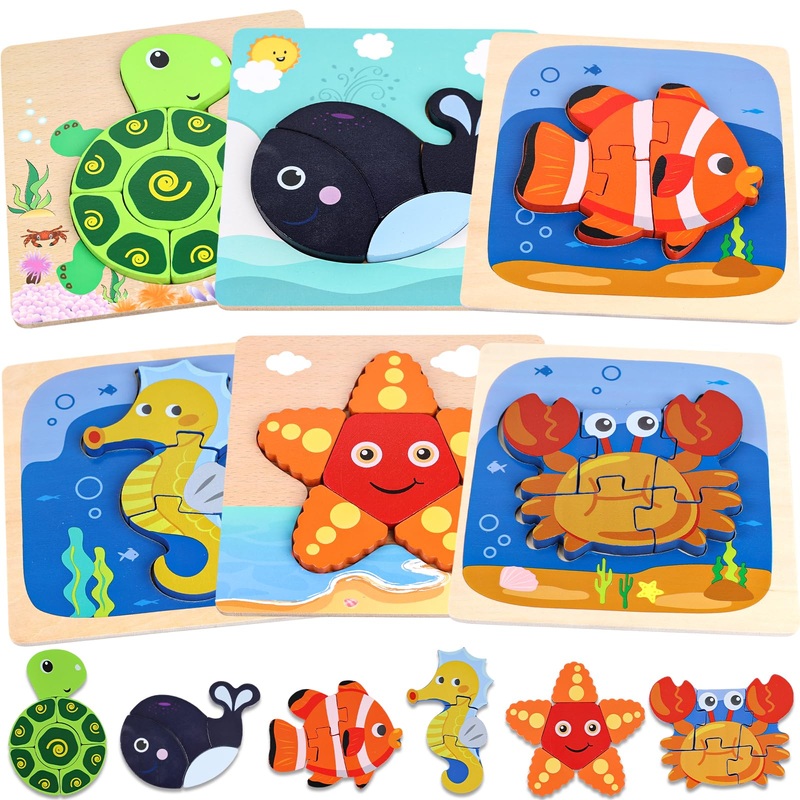 Lovestown 6Pcs Wooden Toddler Puzzles, Wooden Sea Animal Puzzles Montessori Jigsaw Puzzles Preschool Toy Gift For Kids Educational Developmental Toys
